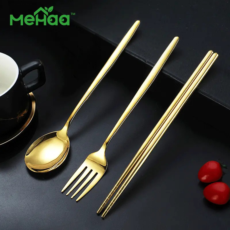 Mehaa 10pcs set Sendok Garpu dan Sumpit Gold Stainless Steel Berkualitas Tinggi Warna Emas