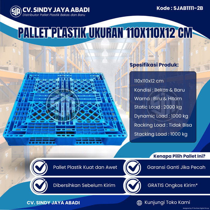 

Pallet Plastik Bekas Ukuran 110x110x12 cm - SJAB1111-2B / Pallet Plastik Warna Biru / Pallet Plastik Jaring
