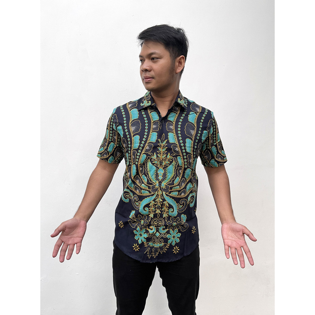Pradawita Batik Slim Fit Lengan Pendek Kembang Mekar 1A - Hitam Hijau Tosca
