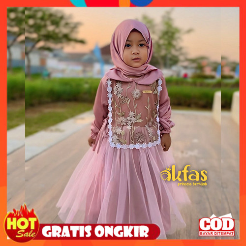 [PREMIUM ORIGINAL] AKFAS -  Baju Gamis Anak Perempuan mewah brokat bordir Free Hijab 1-9 th Baju pes