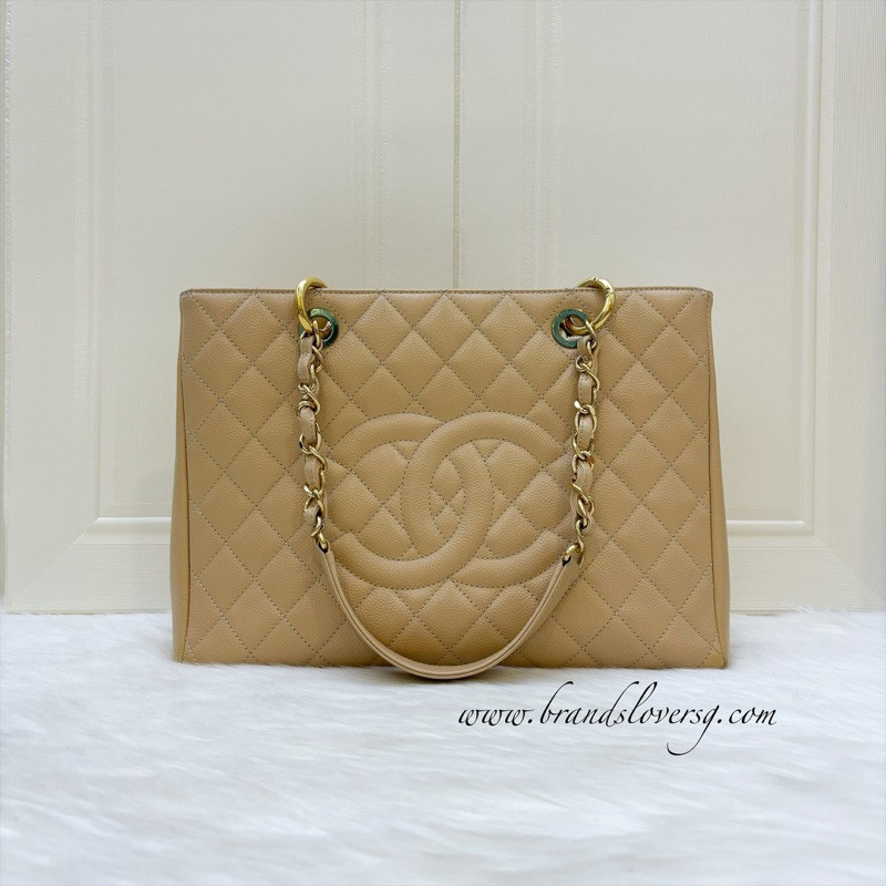 (Pre-loved) Chanel Grand Shopping Tote GST in Beige Caviar and GHW
