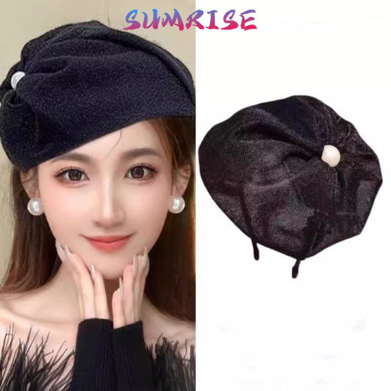 Ikat Kepala Setengah Topi Mesh Manik Aksesori Rambut Wanita Warna Netral