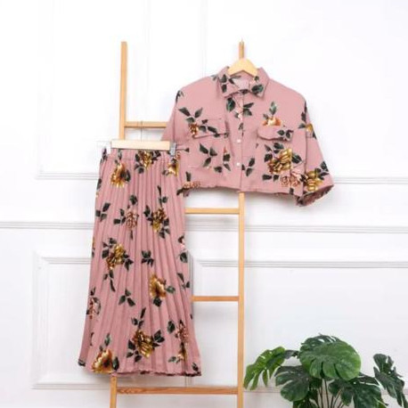 One Set Fuji / One Set Clara Kemeja Crop & Rok Midi Plisket