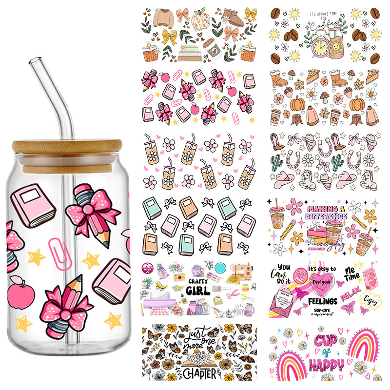 

Pink Cute Cartoon 16OZ UV DTF Cup Wrap Transfer Stickers Custom Labels DIY Durable Waterproof Logo For Libbey Glass Can