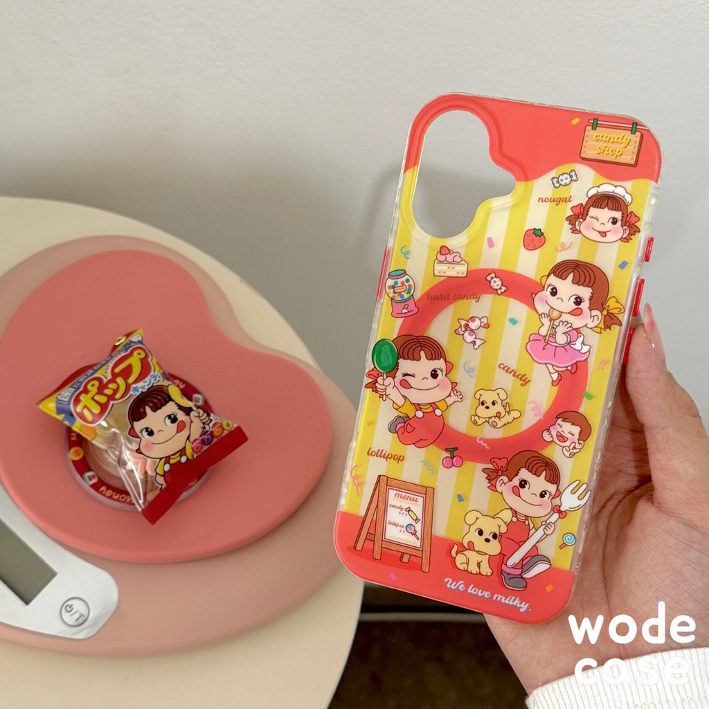 WODECASE Milky Peko Candy Shop Protective Magsafe Case dan Magnetic Griptok untuk iPhone 13-16 Pro M