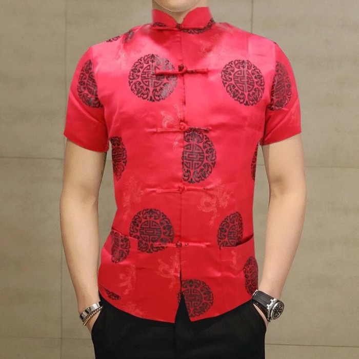 laris -NEW RESTOCK Atasan Cheongsam Pria Lengan Pendek Motif Random - Hitam, L