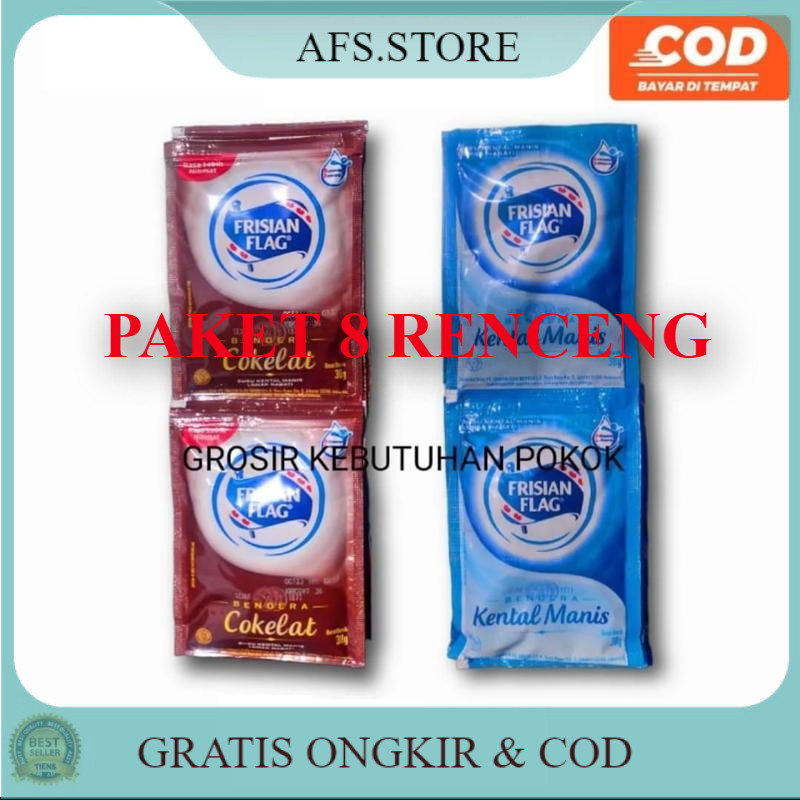 

Paket ( 8 Renceng ) Frisian Flag Susu Kental Manis bendera 38g / 1 renceng isi 6 sachet putih / coklat