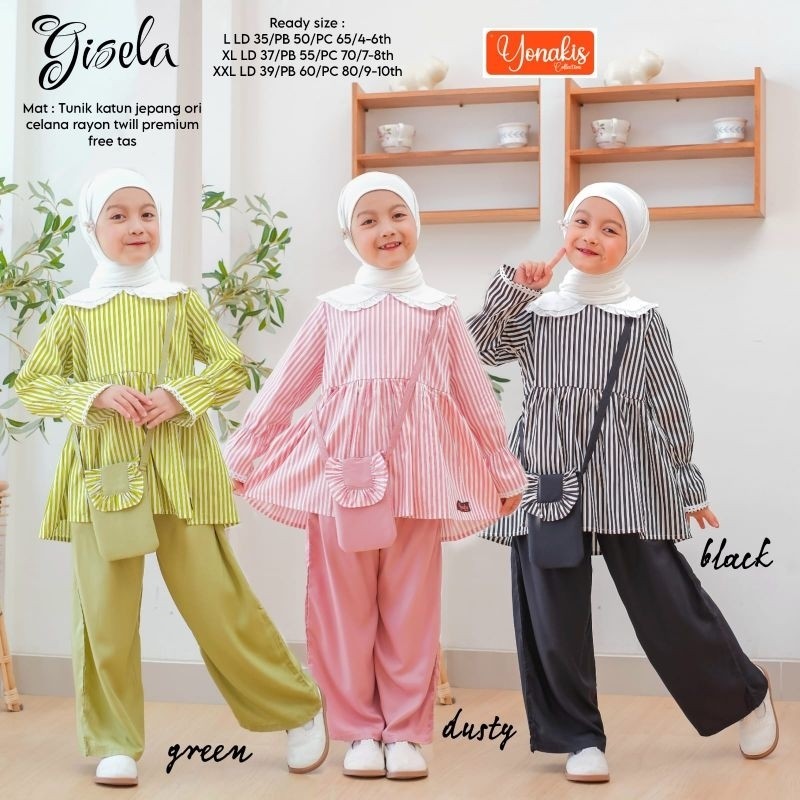UMAYA - Oneset Anak Tunik Motif Salur Katun Jepang ori dan Celana Rayon Gisela series (bonus tas) by