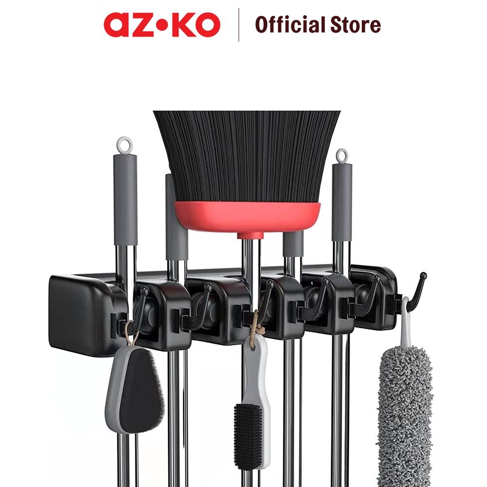 AZKO Stora Organizer Sapu & Alat Pel 6 Hook - Hitam Broom And Mop Holder Tempat Sapu Dan Pel Organiz