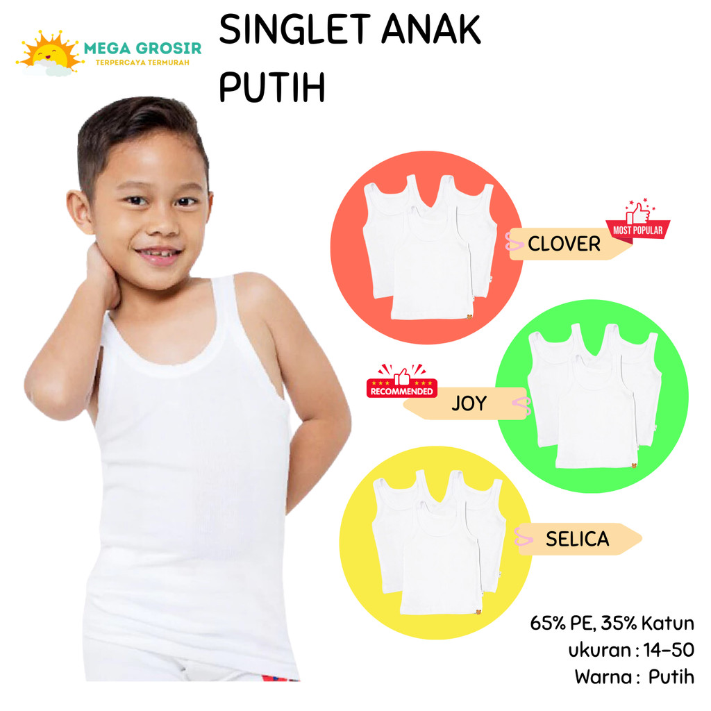 Kaos Dalam Anak SELICA ; CLOVER  ; JOY PUTIH Singlet Anak / Singlet Anak Clover Premium Putih