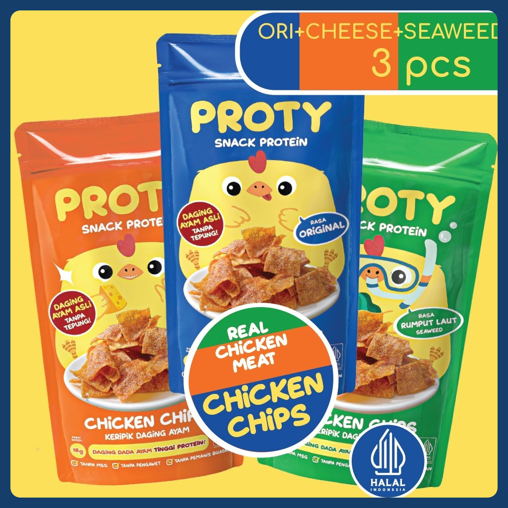 

PROTY Snack Sehat Cemilan Protein Anak & Keluarga Chicken Chips Ori + Keju + Rumput Laut