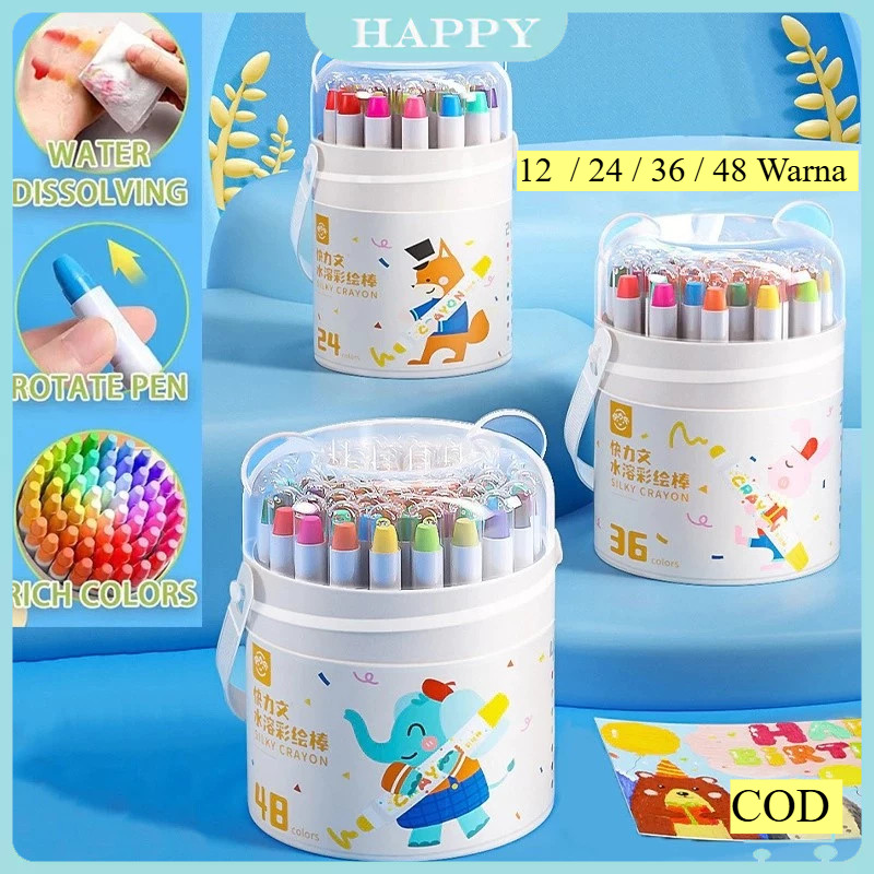 

[ COD✅ In Stock ] Washable Silky Crayon 12 / 24 / 36 / 48 Warna Colorful Bucket Krayon Mewarnai Alat Warna Set Anak Wipe and Clean