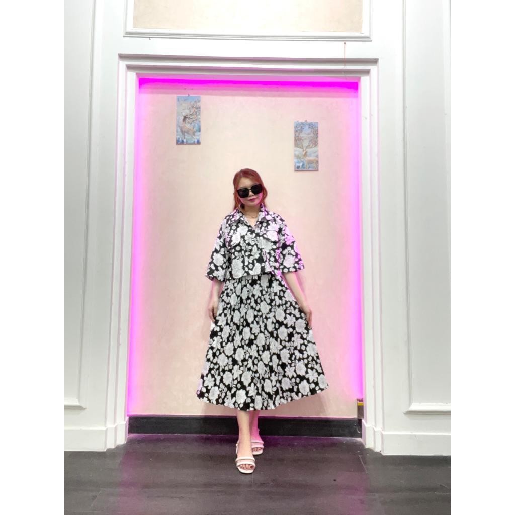 One Set Fuji / One Set Clara Kemeja Crop & Rok Midi Plisket