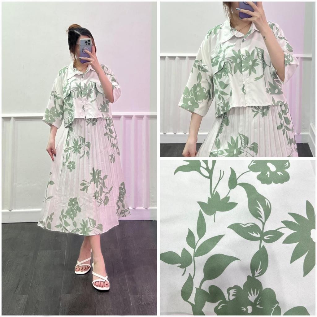 One Set Fuji / One Set Clara Kemeja Crop & Rok Midi Plisket