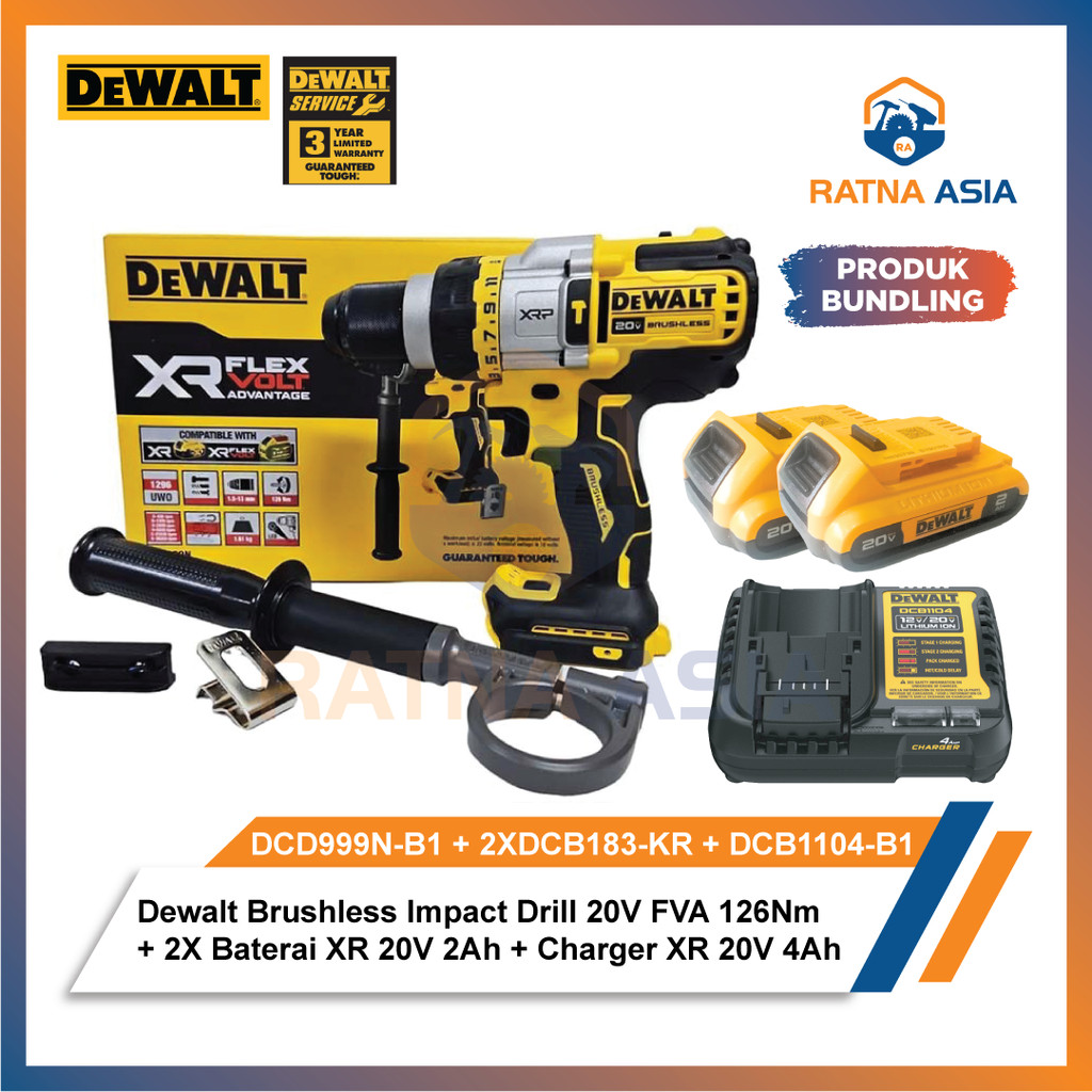 Dewalt DCD999N Brushless Impact Drill 20Volt Max FVA 126Nm DCD999N-B1 + 2x Baterai XR 20V 2.0Ah DCB1
