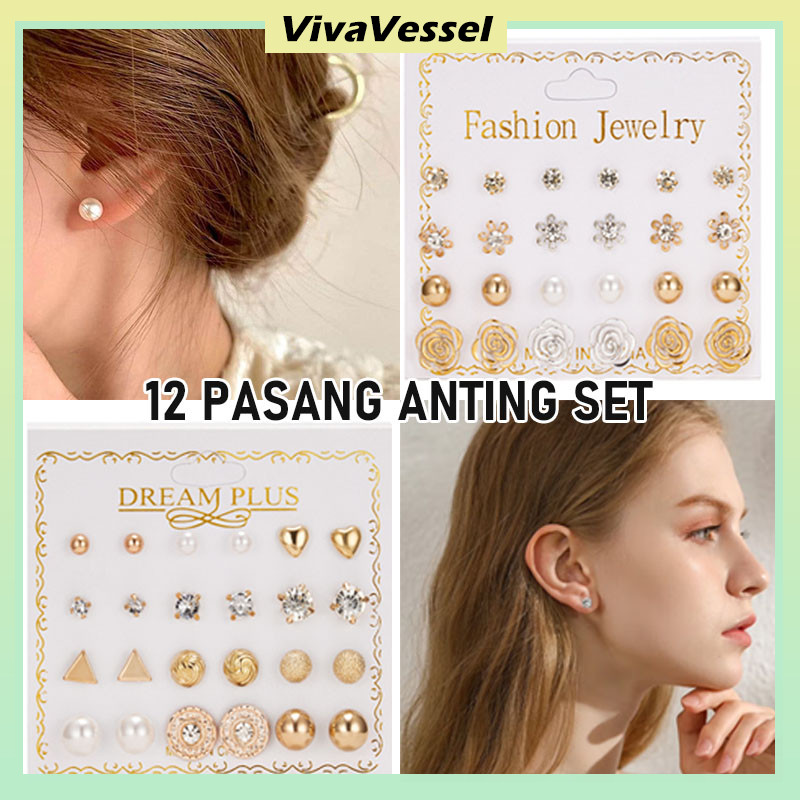 Anting Set Fashion Wanita Korea/12 Pasang Anting Set/Anting Import Model Wanita/Aksesoris Anting Wan