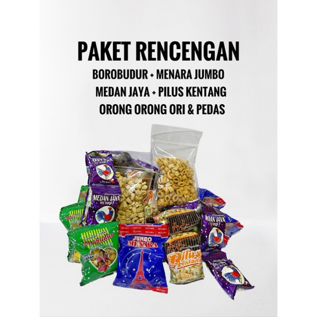

NEW PAKET RENCENGAN SNACK (1 RENCENG BOROBUDUR, MENARA, MEDAN JAYA, PILUS KENTANG DAN 100GR ORONG ORONG) PREMIUM