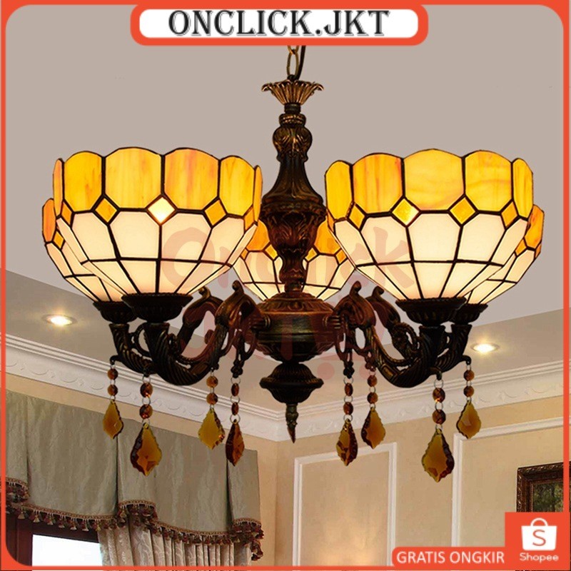 Lampu Gantung Tiffany 5 Kepala Kristal Kaca Patri LED Gaya Mediterania Lampu Gantung Vintage Elegan