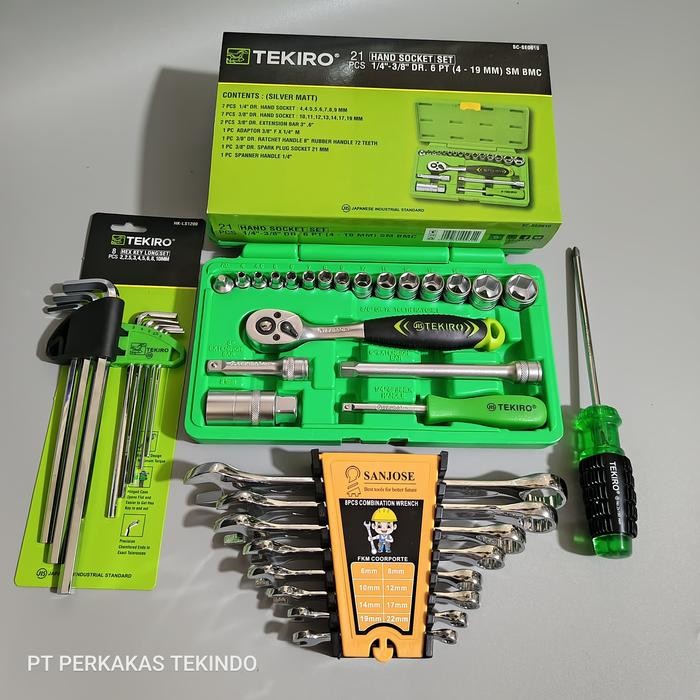 Set Toolkit Tekiro Kunci Shock Sok + Kunci L Panjang 9 Pcs + Ring Pas Set + Obeng Gagang Karet Hijau