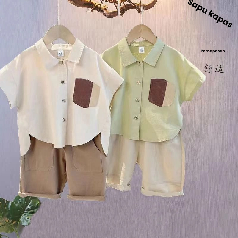 Set kemeja anak laki-laki set kemeja kemeja katun linen bayi laki-laki lengan pendek