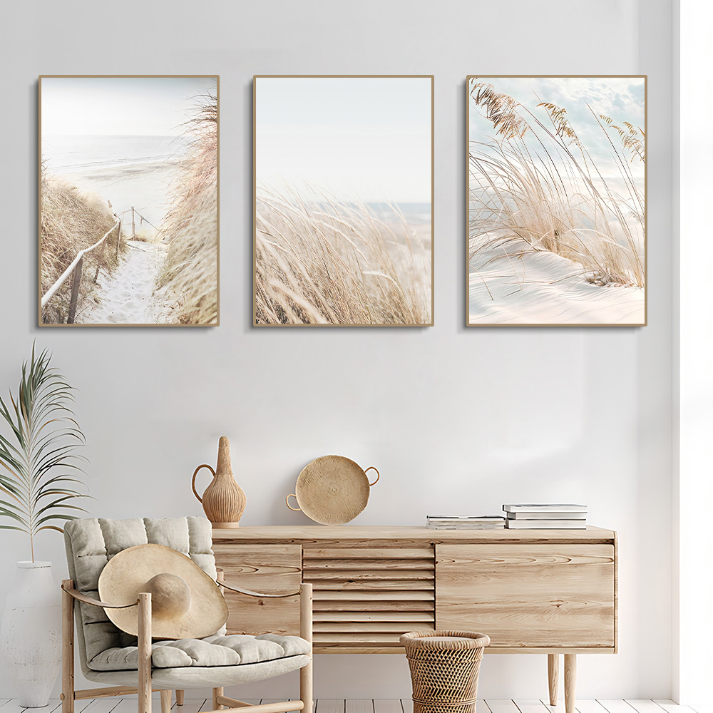 

3PCS White Seascape Canvas Painting Norc Sea Beach Pampas Botanical Grass Posters Decor Living Room Bedroom Wall Art Decor