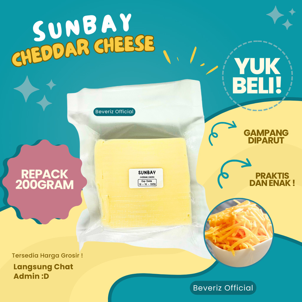 

BEVERIZ Repack 200 Gram Sunbay Cheddar Cheese | Keju Parut Halal {BISA COD} { Tersedia Harga Grosir}