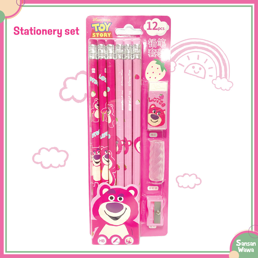 

Stationery set / set alat tulis pensil 2B 12 pcs, penghapus, serutan, tutup pensil Karakter Mickey, Spiderman, Lotso