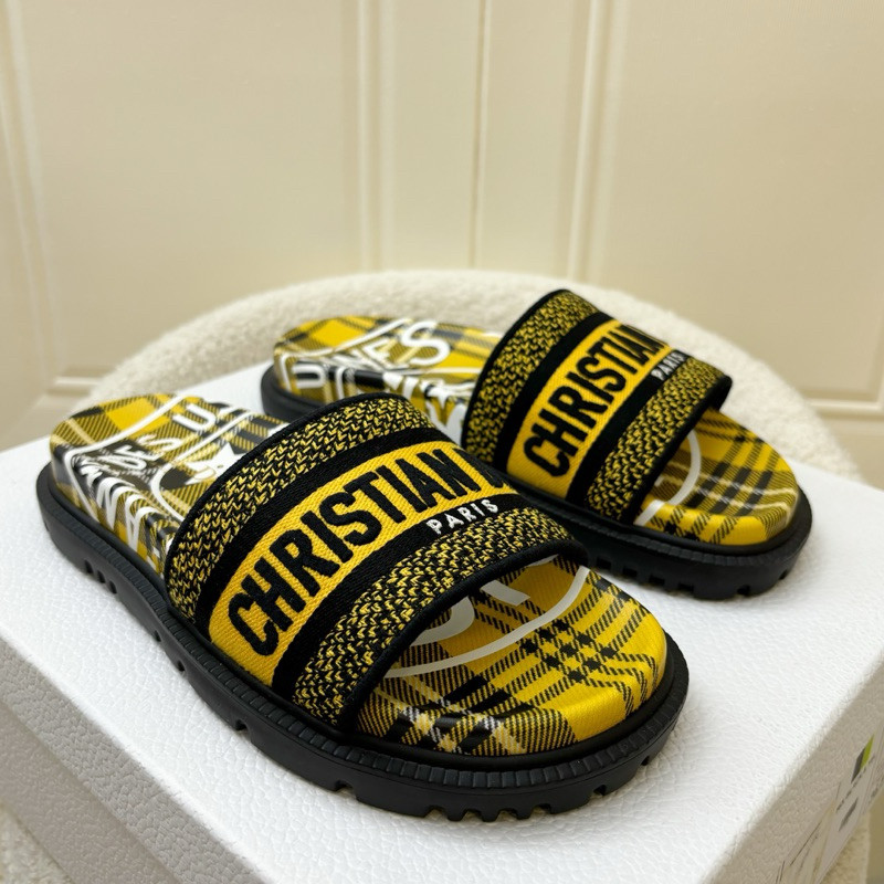 (Pre-loved) Dior Dway Pool Slides in Yellow / Black Embroidered Canvas Sz 36.5