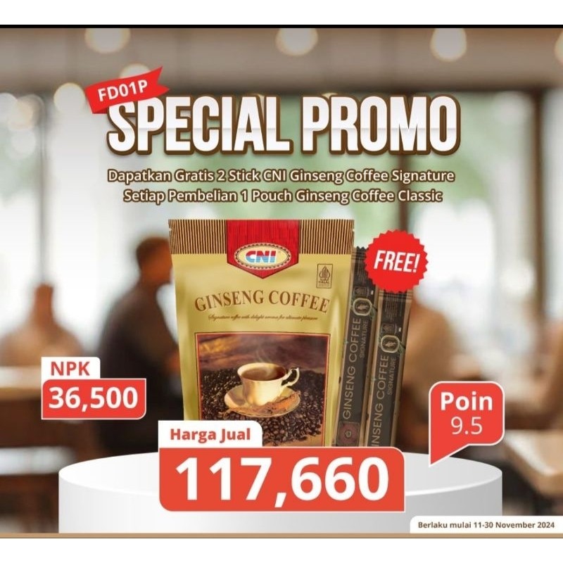 

CNI GINSENG COFFEE FREE 2 STICK COFFEE SIGNATURE penambah tenaga dan vitalitas isi 20 sachet