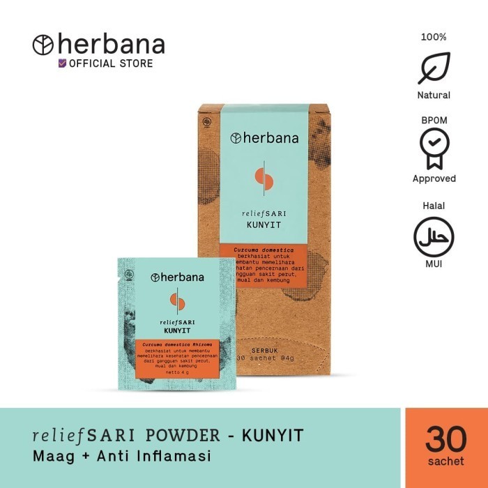 

Herbana Relief Sari Powder Kunyit Meringankan Gangguan Maag Perut Lambung - Isi 30 Sachet