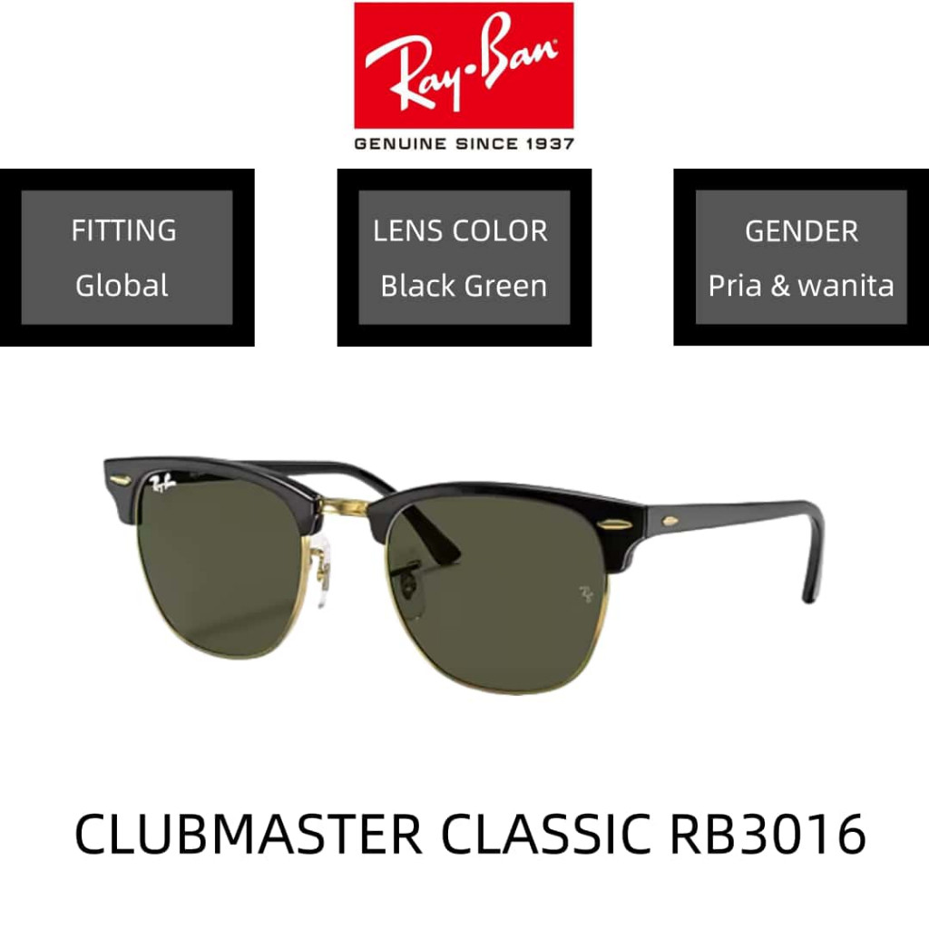 【100% Ori】Kacamata Hitam RAY-BAN ORIGINAL CLUBMASTER RB3016 Sunglasses 52mm Black Black pria wanita