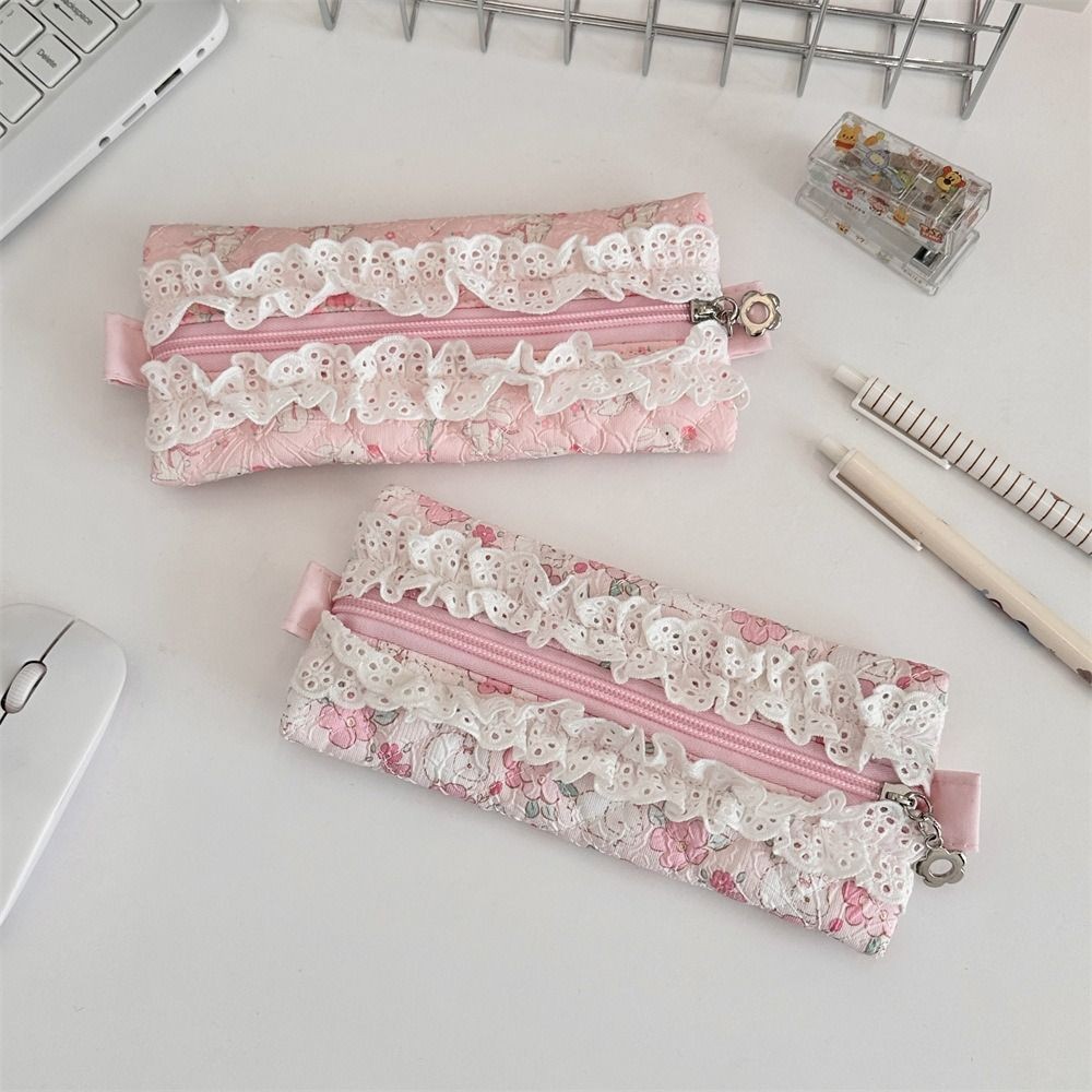 

Fresh Lace Pencil Pouch Cosmetic Bag Large Capacity Flower Pattern Pen Case Makeup Bag Cartoon Stationery Storage Bag