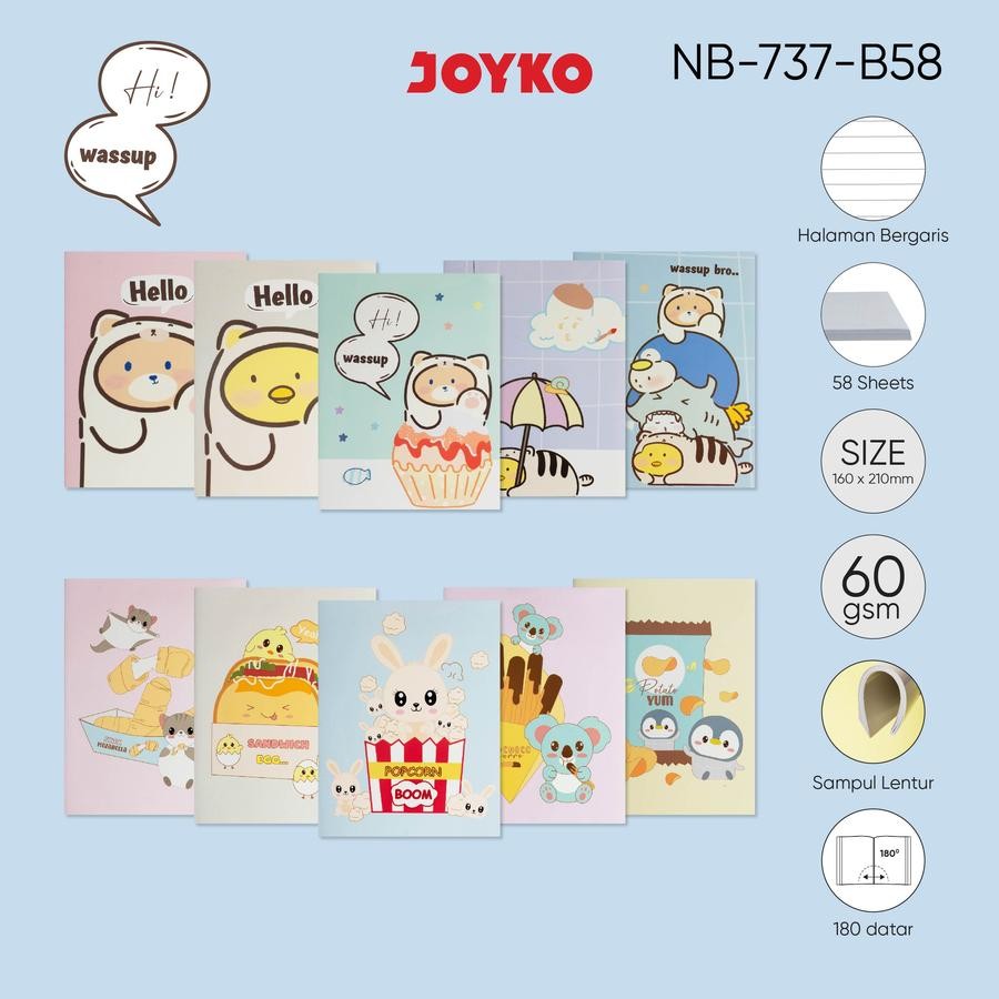 

JOYKO NB-737-B58 Ruled Notebook 58 Lembar / Buku Tulis Bergaris Anak Lucu 1Pak isi 10 Buku