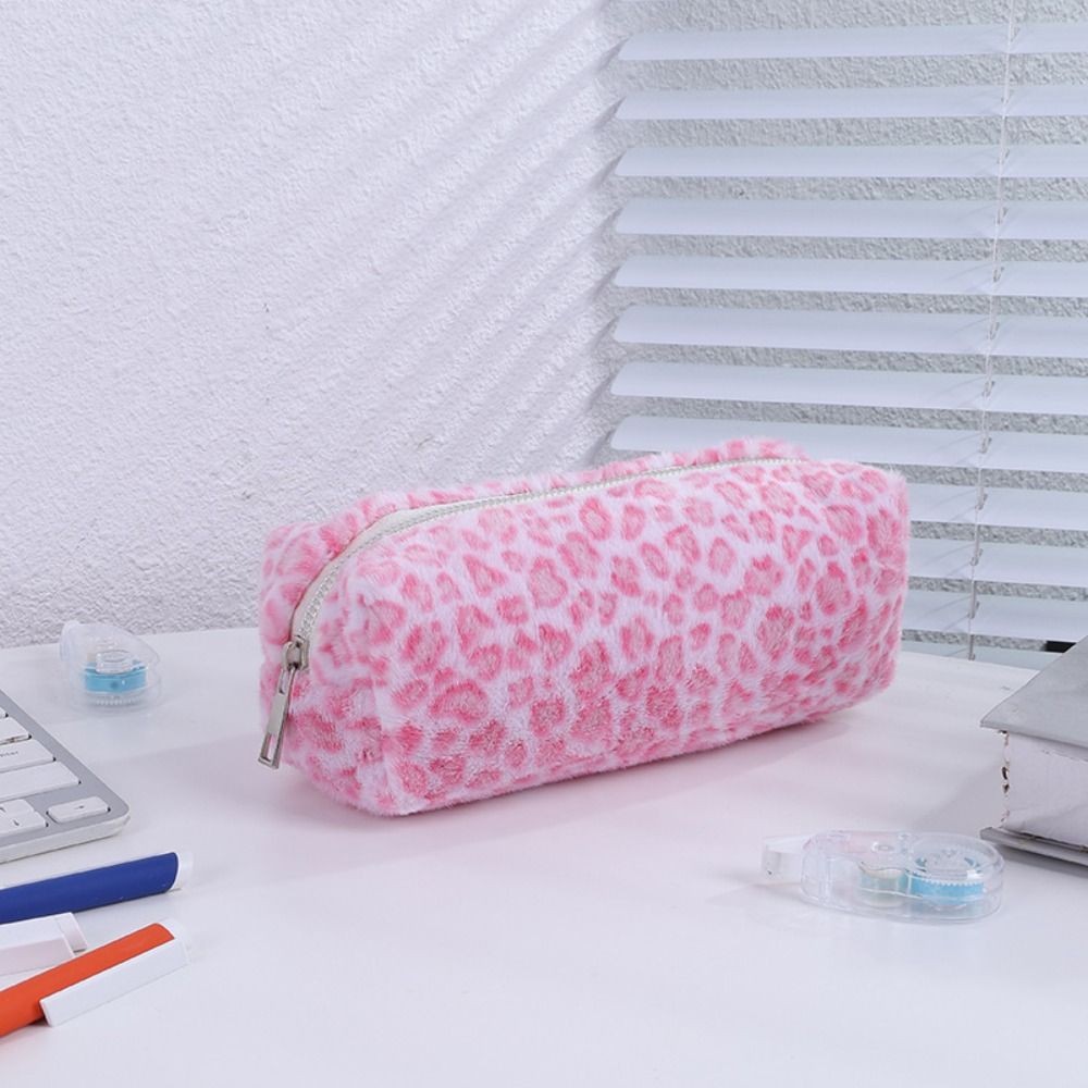 

New Plush Pen Bag Leopard Printted Pattern Large Capacity Pencil Case Stationery Organizer Back To School School Supplies