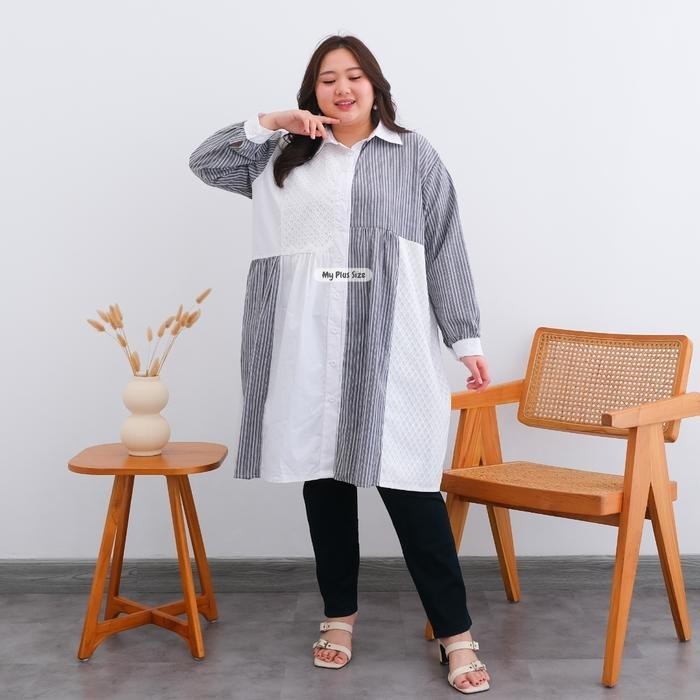 Tunik Salur Mix Polos Brukat Jumbo Wanita 3888 Ld 125, 135, 145 / Long Tunik Kombinasi Jumbo Wanita 