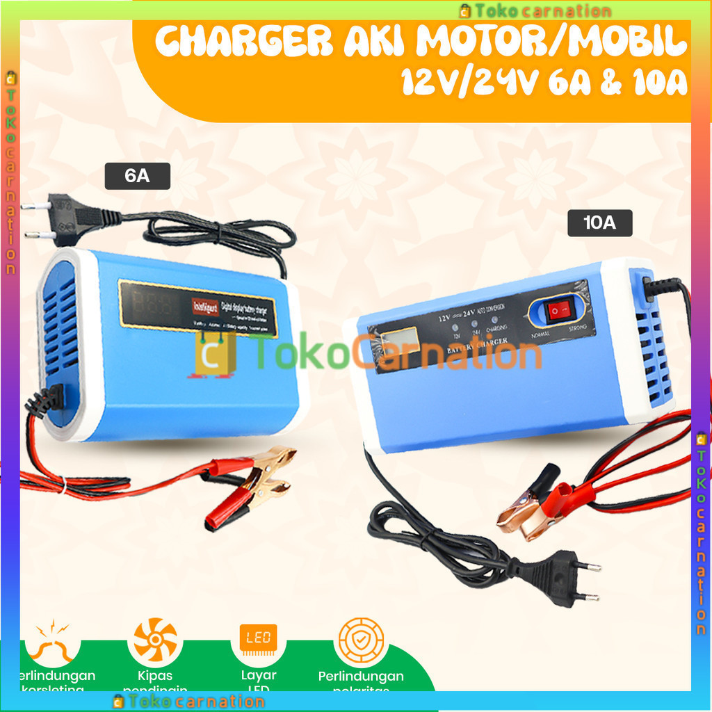Charger Aki Mobil Motor Dengan LCD Charger aki 10 Ampere / 6 Ampere Bisa Aki Basah/ Kering