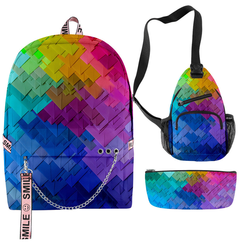 

Luxury Novelty Cool Creative color blocking 3D Print 3pcs/Set School Bags multifunction Travel Backpack Chest Bag Pencil Case