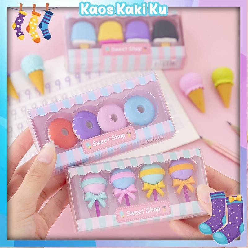 

Penghapus Pensil Import Karakter Sweet Shop Cone Lolipop Ice Cream Donut Set 4Pcs 837