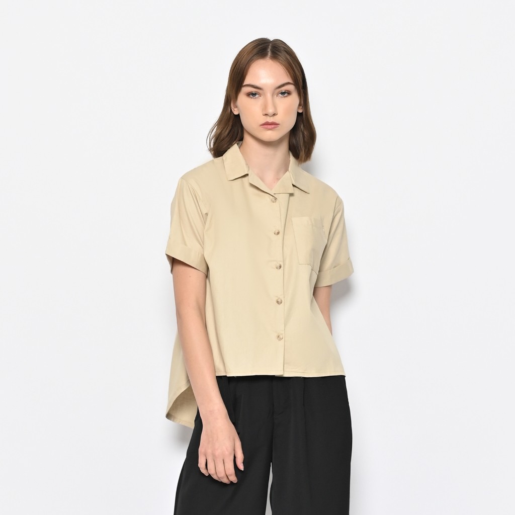 [HOT NEW] QUEENTIN Kemeja Wanita Casual 0195 Katun Twill Polos Lengan Pendek