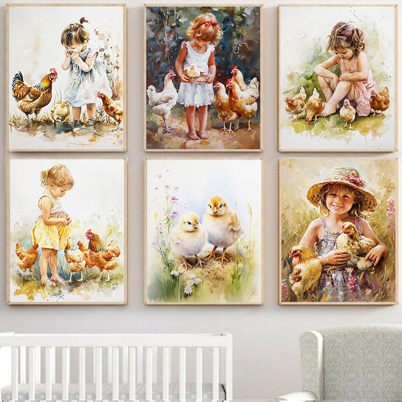 

Baby Chicken Girl Warm Friendship Ink Painting Rural Poster Print Wall Art Pictures Canvas Living Room Bedroom Home Decor Gift