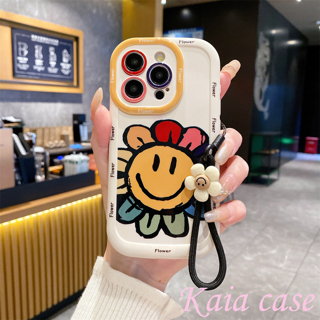 case iPhone 13 Bunga tersenyum dengan Tali Tangan Casing ponsel cocok untuk iPhone 11 11PROMAXSoftca