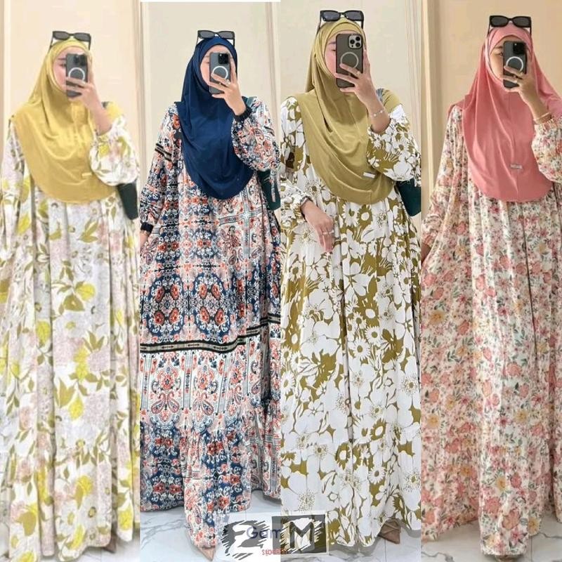 Set Gamis Syari Hijab Bergo Lavanya Dress Lebaran Katun Rayon Diamond Jumbo Motif Bunga Busui Wanita