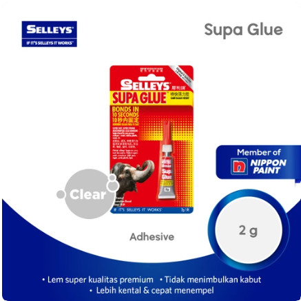 

LEM PEREKAT INSTAN SELLEYS SUPA GLUE 2g NIPPON PAINT Logam Karet Cina Kayu Sebagian besar plastik