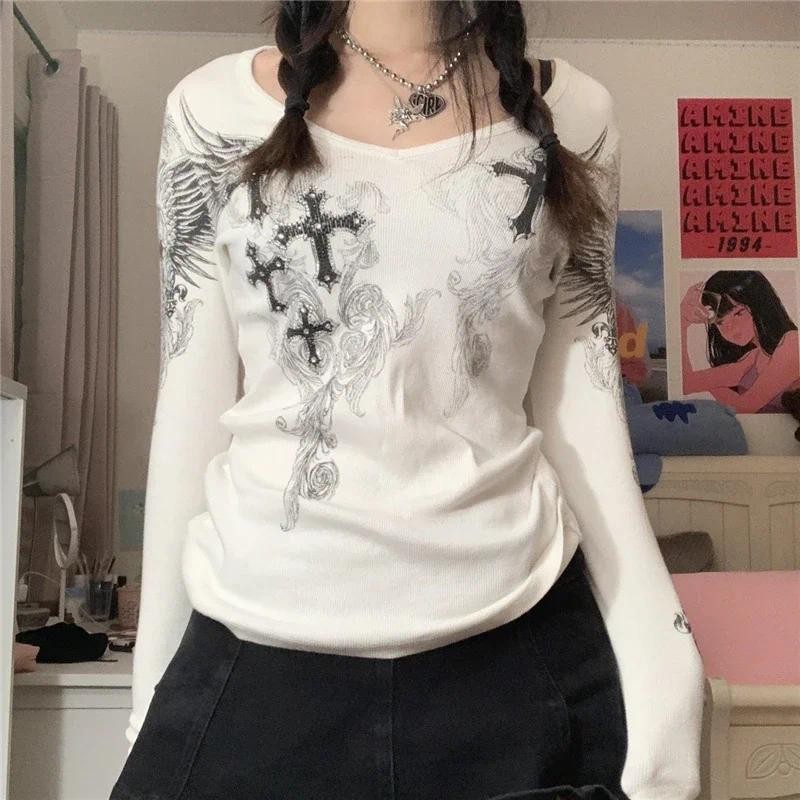 Y2k Graphic Cross Wings Print Long Sleeve Women Grunge Fairy T-shirt Harajuku Tee 2000s Aesthetic Pu