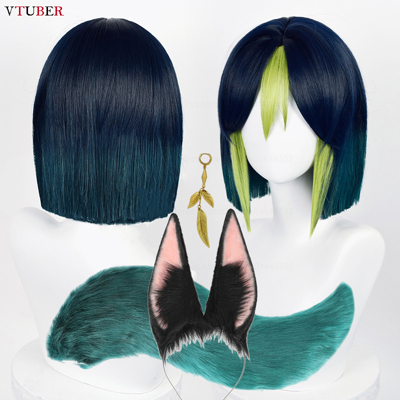 Sumeru Tighnari Cosplay Wig Tighnari 30cm Short Dark Blue Green Heat Resistant Synthetic Hair Game G