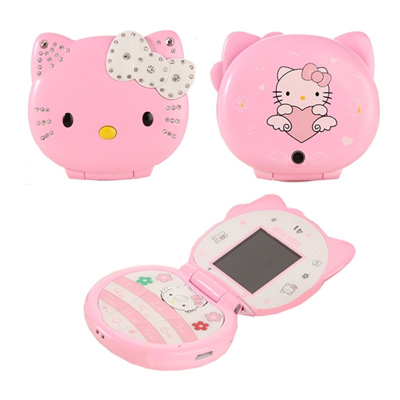 HP Lucu Mini Hello Kitty Girl Phone K688 Quad Band Flip Cartoon Mobile Phone Unlocked Anak Mini Dual