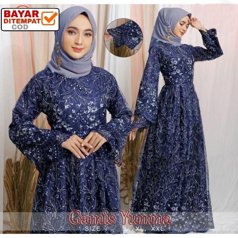 Size L XL XXL / Gamis Pesta / Gamis Jumbo / Maxi Dress / Gamis Tile / Gamis Maxi Brokat Yumna