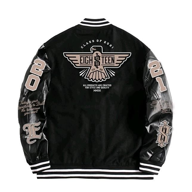 JAKET VARSITY  FULL BORDIR KOMBINASI TANGAN KULIT EIGHTEEN - Kulit eighteen, L