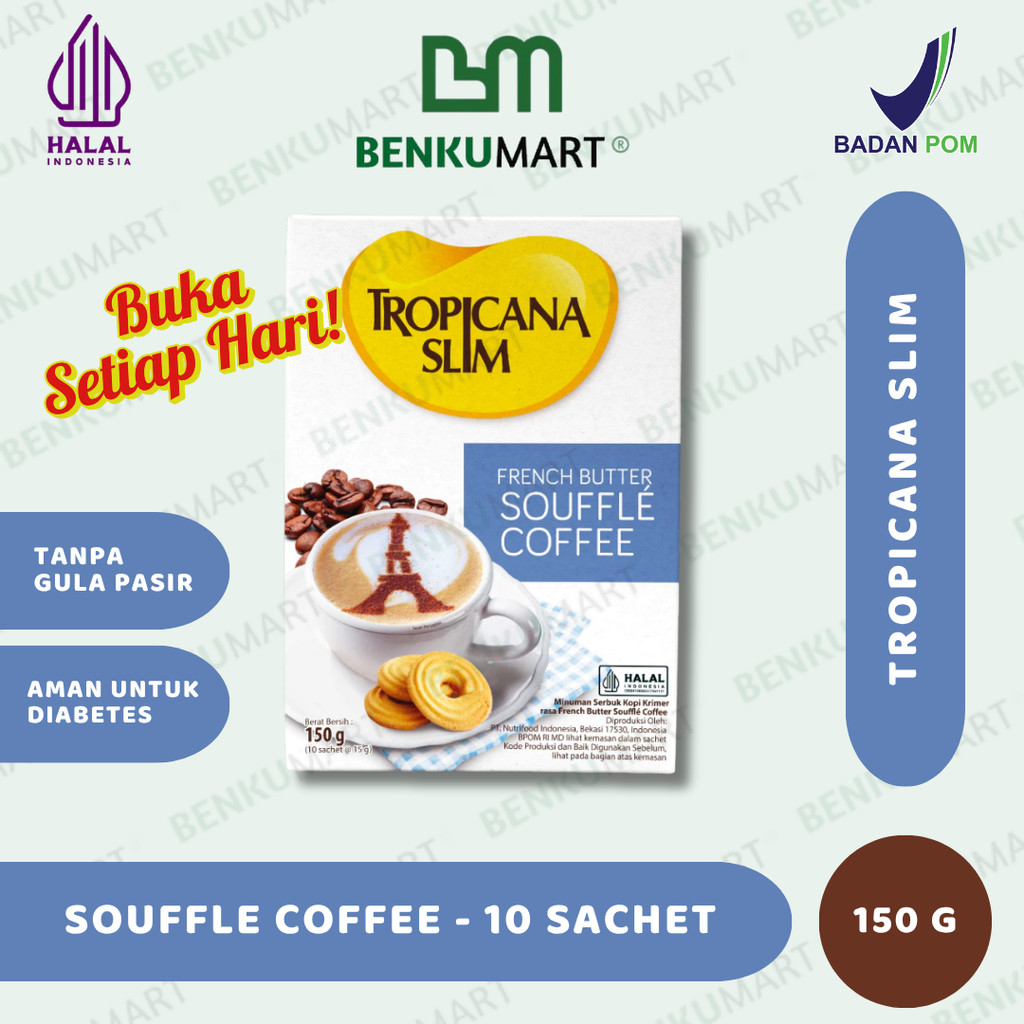 

Tropicana Slim French Butter SOUFFLE COFFEE 10 Sachet x 15gr - Kopi Susu ala Perancis Nikmat Tanpa Gula Pasir (150 gr)