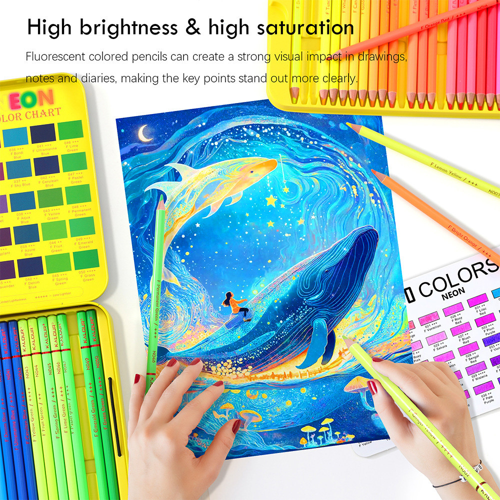 

KALOUR 50pcs Fluorescent Coloured Pencils Student Art Drawing Pencil Set Kids Gift Set